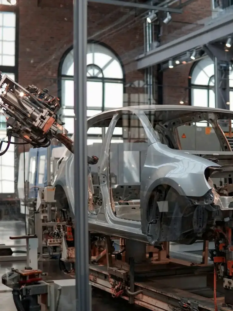 Roboterarme an einer Karosserie in einer Fahrzeugfertigung