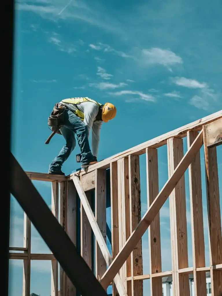 Bauarbeiter mit Schutzhelm auf einem Holzrahmenbau