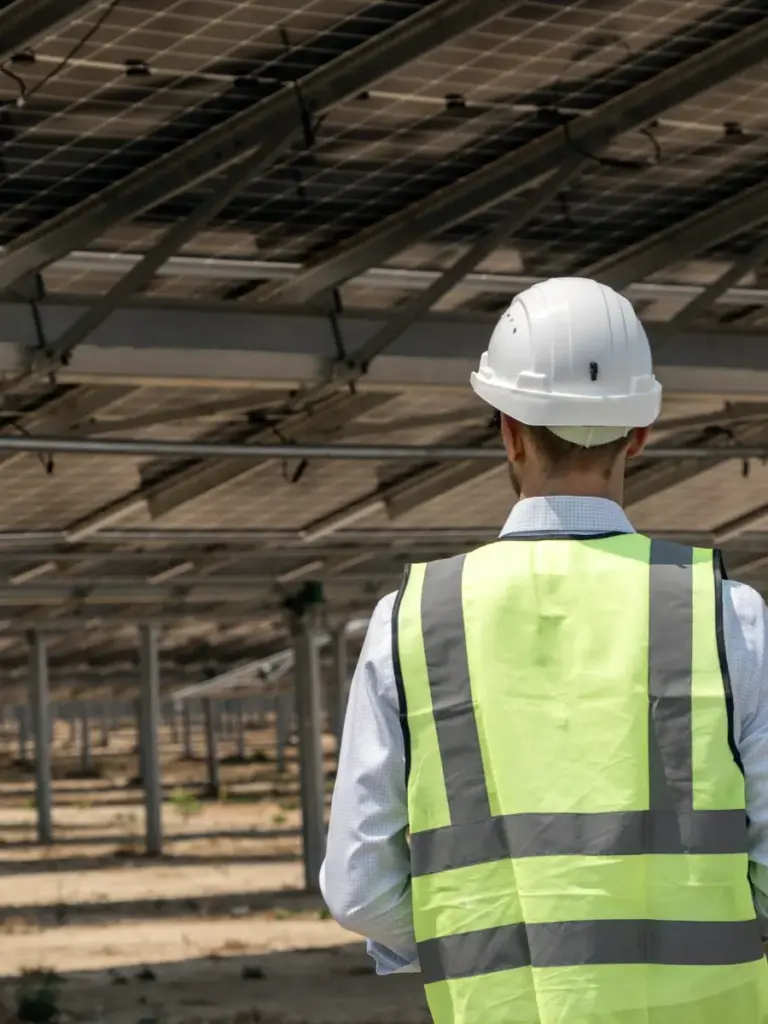 Techniker mit Schutzhelm in einem Solarpark