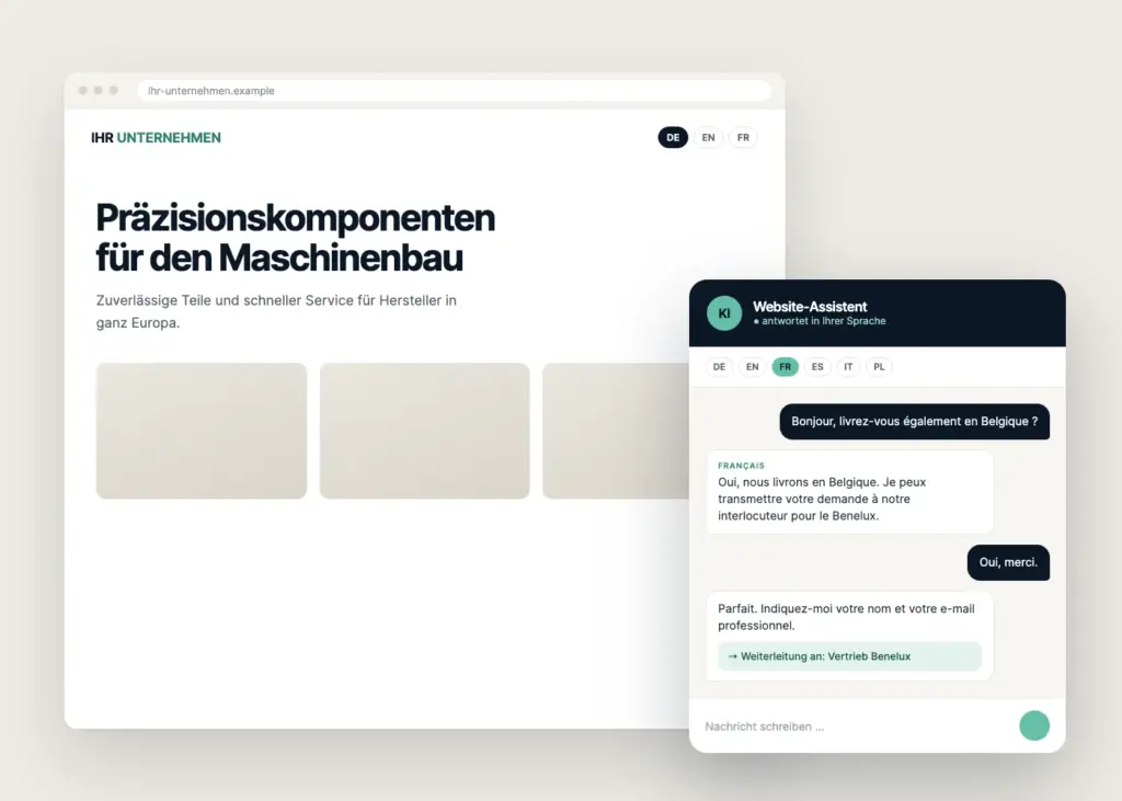 Beispiel eines mehrsprachigen Website-Assistenten, der eine Anfrage auf Französisch beantwortet und an den Vertrieb weiterleitet